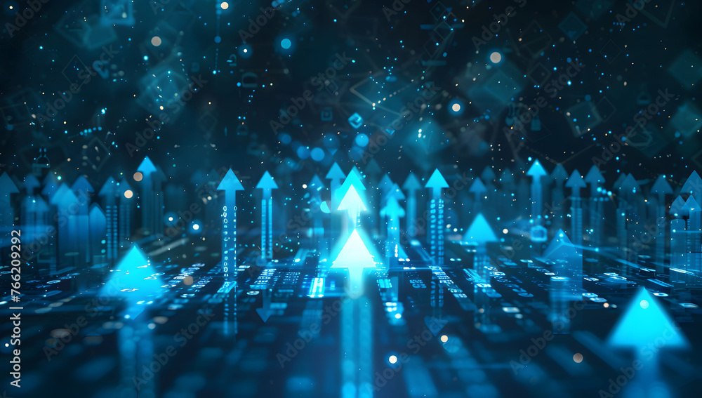 Poster abstract background with blue glowing arrows pointing upwards, representing growth and progress in t