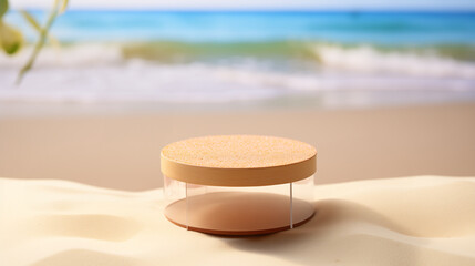 Beach podium product display stand on sandy beach