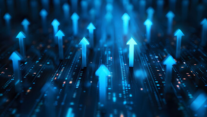 Obraz premium Abstract background with blue glowing arrows pointing upwards, representing growth and progress in technology or digital marketing. Abstract digital artwork with copy space.