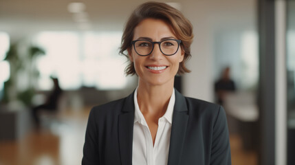 Smiling mature professional business woman dressed for success in an office environment