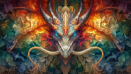 A stunning stained glass mosaic depicting a colorful mythical dragon with intricate details, set against a cool blue background.