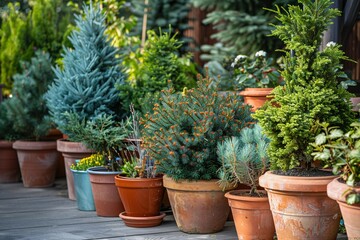Fototapeta na wymiar Coniferous trees in pots on the terrace.
