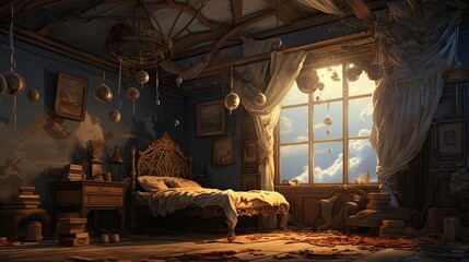 Interior of the old abandoned house. AI generated art illustration.
