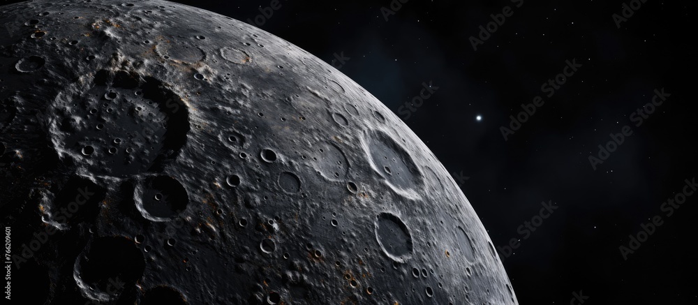 Poster a closeup view of the moon against a dark sky, with a small planet in the background. this astronomi