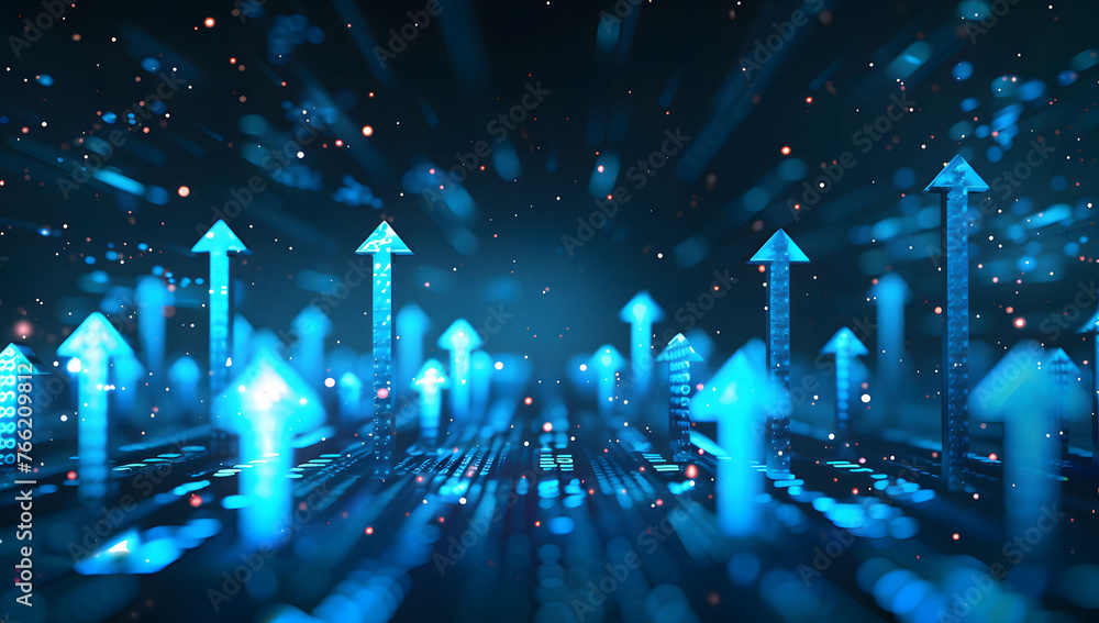 Poster abstract background with blue glowing arrows pointing upwards, representing growth and progress in t