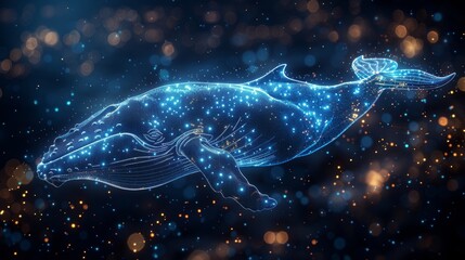 Marine animal concept. Polygonal blue whale on stars. Low poly modern illustration. Whale is made up of lines, dots, and shapes. Wireframe light connection structure.