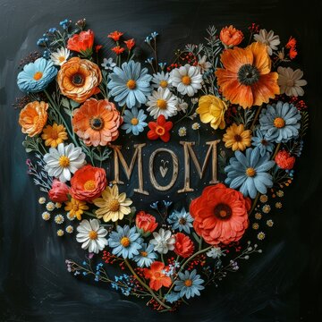 floral heart shaped with lettering mom black background