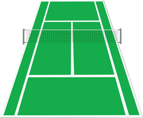 Terrain de tennis vert avec filet central	