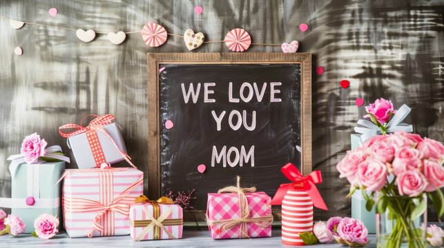 Love You Mom text on blackboard with gift boxes and pink roses on wooden background
