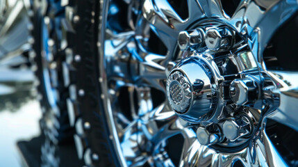 A set of chrome-plated lug nuts, shining brightly against the backdrop of the truck's wheel
