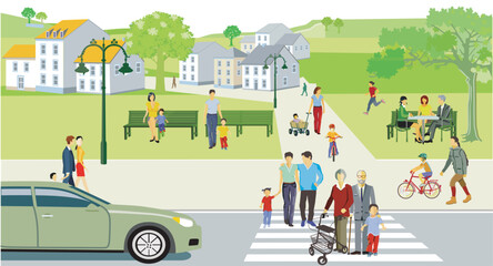 Stadtsilhouette mit Menschengruppen in der Freizeit im Wohnviertel, Illustration - 766211260