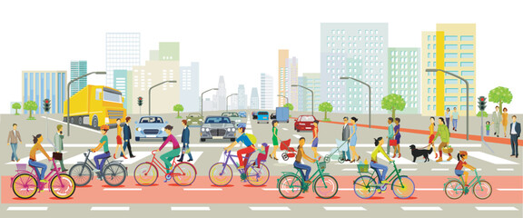 Fototapeta premium Stadtsilhouette einer Stadt mit Verkehr und Menschen, illustration