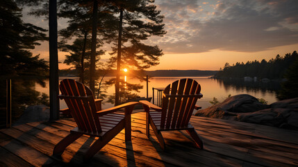 Fototapeta premium sunset on the deck in the woods with adirondack chairs facing lake