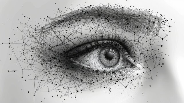 Wireframe eye isolated on a black background. Abstract mash-up of lines and points. Modern illustration. Technology eye with geometry triangle. Digital structure with light connection.