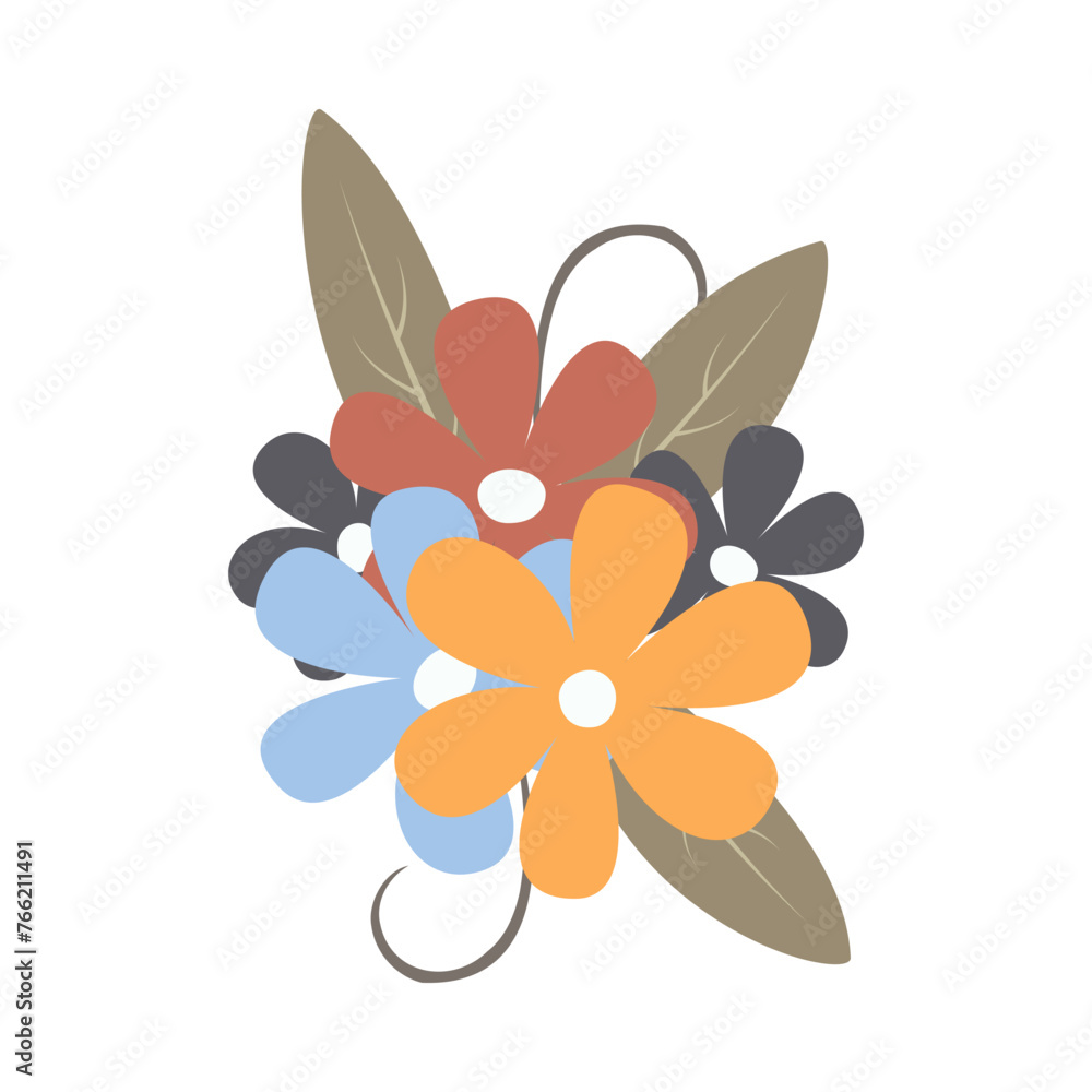 Wall mural Spring flower collection with leaves, floral bouquets. Vector flowers flat. Spring botanical elements. Happy Easter. Folk style. Spring holiday