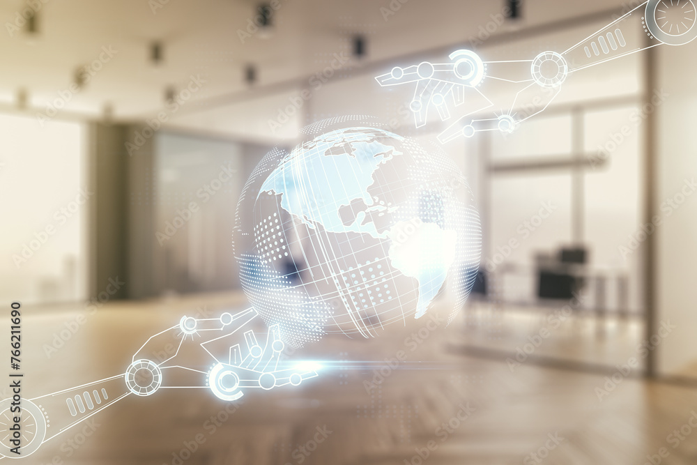 Aufkleber double exposure of abstract virtual robotics technology with world map hologram on modern corporate 