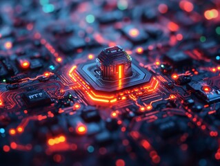 Fototapeta premium Close-up shot of motherboard with illuminated LED circuits