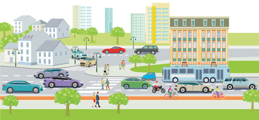 Stadtsilhouette mit Straßenverkehr und Fußgänger auf dem Zebrastreifen, Illustration