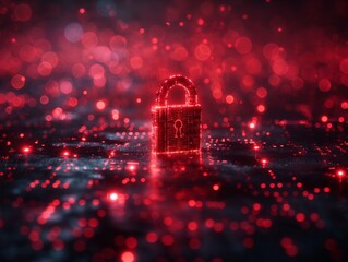 Cybersecurity concept illustration, red illuminated padlock on dark background with shallow depth of field