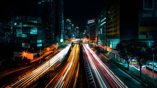 the night time light trails through buildings with traffic lights