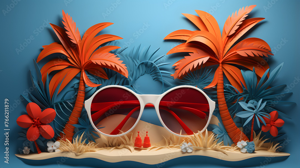Poster the sign a it is summer time is on a blue background with a palm tree
