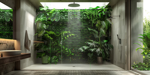 Building with a walkin glass shower surrounded by terrestrial plants. Generative AI