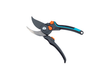 Steel gardening secateurs, scissors tool with blue and black grip for pruned of plants and flowers garden work, isolated on white background. Open state. Top view.