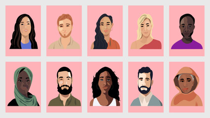 Retrato grupo de personas de medio cuerpo de diferentes razas. Diversidad de personas de diferentes colores con fondo rosa. 