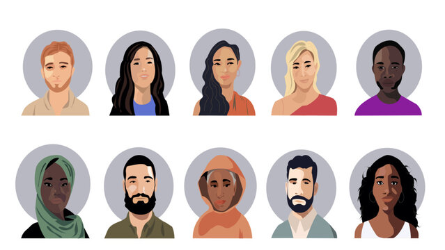Retrato de personas de diferente razas y colores con circulo detrás de la cabeza. Set vectorial de retratos de personas.
