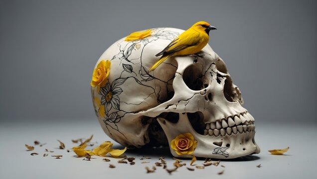 Create an image on a light background of a skull on the side and a yellow bird on top of the skull with a drawing aspect, hd, 8k, portrait mode.