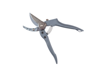 Steel gardening secateurs, scissors tool with gray grip for pruning of fruits, garden work, isolated on white background. Open state. Top view.