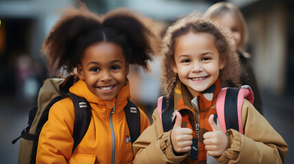 three little children in backpacks showing their thumbs up - obrazy, fototapety, plakaty