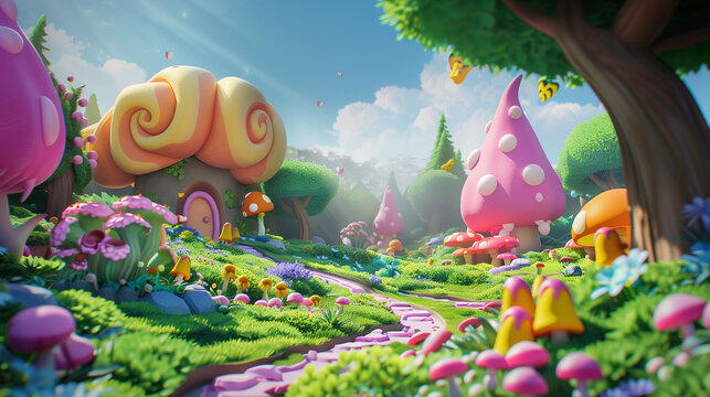 Colorful fantasy landscape with whimsical mushroom houses.