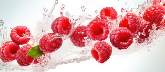 Raspberries, a fruit from a plant, are dropping into a stream of water creating a beautiful natural foods art display. The scene is like a drawing in nature