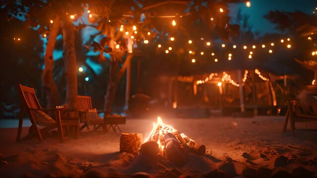 A campfire burns brightly on a sandy beach, surrounded by chairs. People sit and enjoy the warmth and ambiance of the fire as waves crash in the background
