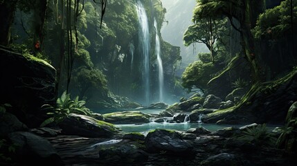 Waterfall in the park. AI generated art illustration.