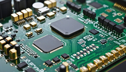 Chip and microchip on an electronic board with technological components colorful background
