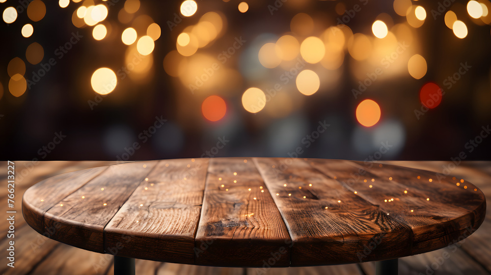 Aufkleber wooden table front of a blurred building with bokeh effect
