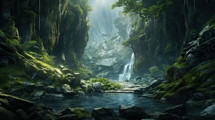 Naklejka na ściany i meble Waterfall in the park. AI generated art illustration.