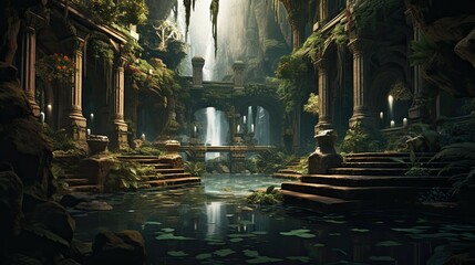 Waterfall in the park. AI generated art illustration.