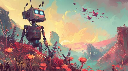 A robots journey through a magical landscape, filled with fantasy creatures and vibrant, dreamy enchantment - obrazy, fototapety, plakaty