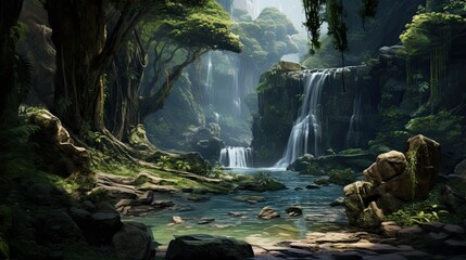 Waterfall in the park. AI generated art illustration.