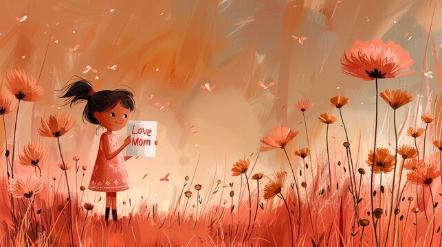 Girl holding a poster in the meadow with flowers, mother's day concept
