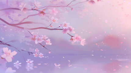 Cherry blossoms in a pastel-colored misty scene.