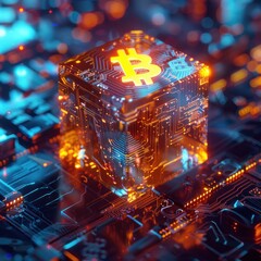 Le symbole du bitcoin sur un bloc numérique holographique coloré, flottant au-dessus d'un réseau complexe de circuits imprimés. - obrazy, fototapety, plakaty