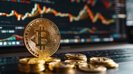 Des pi&egrave;ces de monnaie bitcoin, ordinateur avec graphique boursier &agrave; l'&eacute;cran en arri&egrave;re-plan.
