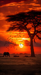 Fototapeta na wymiar Ethereal Sundown: Majestic Elephants, Zebras and Birds Amidst the African Savannah Landscape