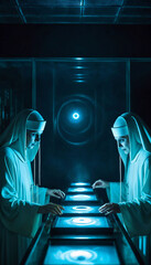 scifi fiction The three women nun wearing black robes, standing in a dimly lit room., generative AI