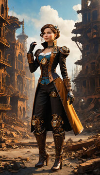 The woman dressed in steampunk-style clothing, complete with a leather jacket, goggles, and a cape. generative AI