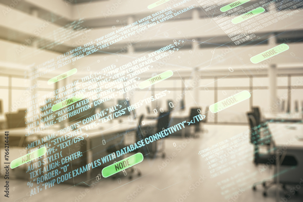 Aufkleber multi exposure of abstract programming language hologram on a modern furnished office interior backg